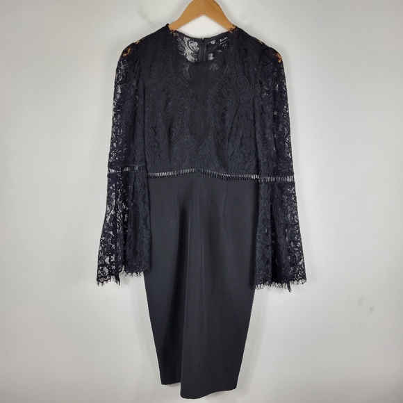 Bardot Faedra Lace Long Sleeve Bell Flare Sleeve Midi Sheath Dress - Picture 2 of 12